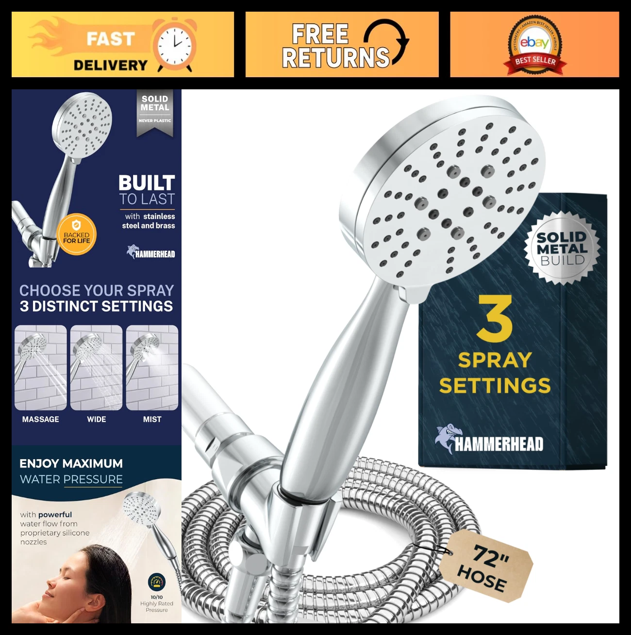 Solid Metal 3-Spray Handheld Shower Head with Long Hose & Holder - Chrome, 2.5 G