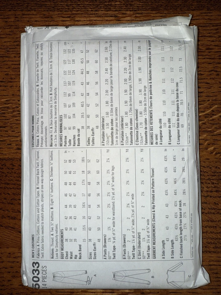 Simplicity 5033 Sz 46-52 Civil War Long Johns Undergarments Costume Cosplay - Image 2 of 2