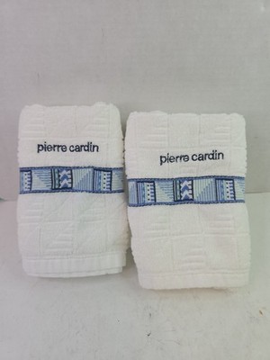 Pierre Cardin Hand Towels Blue White Design 28 Inches X 12.5 Inches NWOT