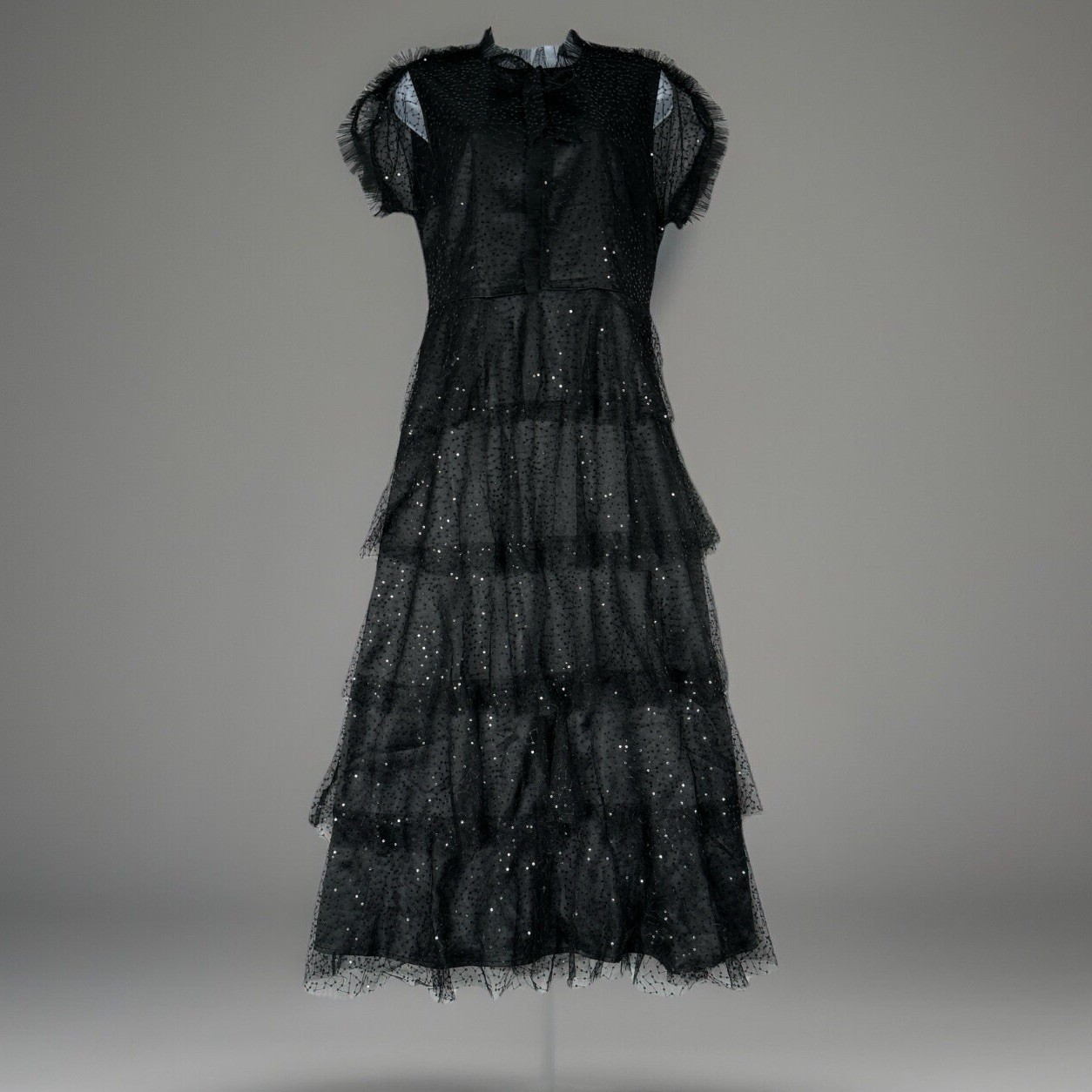 Amy Lynn Womens Dress L Black Mesh Overlay Midi Tea Tiered Sequin Whimsy Fairy