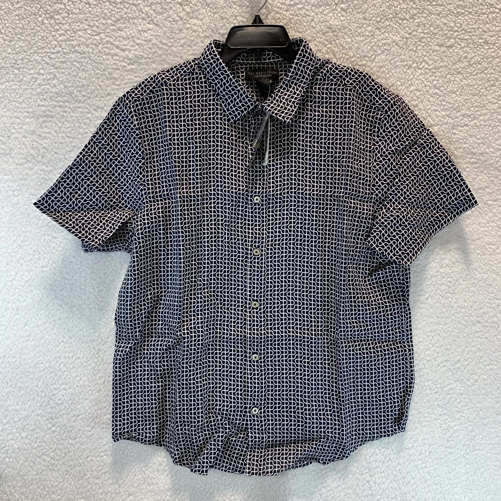 Bloomingdale's Mens Shirt XL Button Up 100% Linen Navy Geometric Short Sleeve