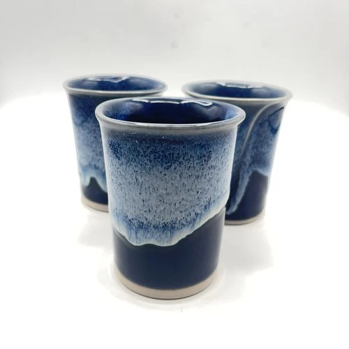 Bay Studio Pottery Handmade Blue Drip Glazed Cups - Set Of 3