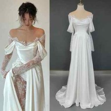 Tulle Off Shoulder Lace Wedding Gowns A Line Long Sleeves Ruched Satin High Slit