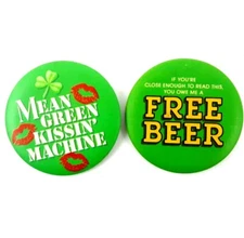 Vintage 1983 2 Pack Irish St. Patrick’s Day Free Beer Kissing Button Pin backs