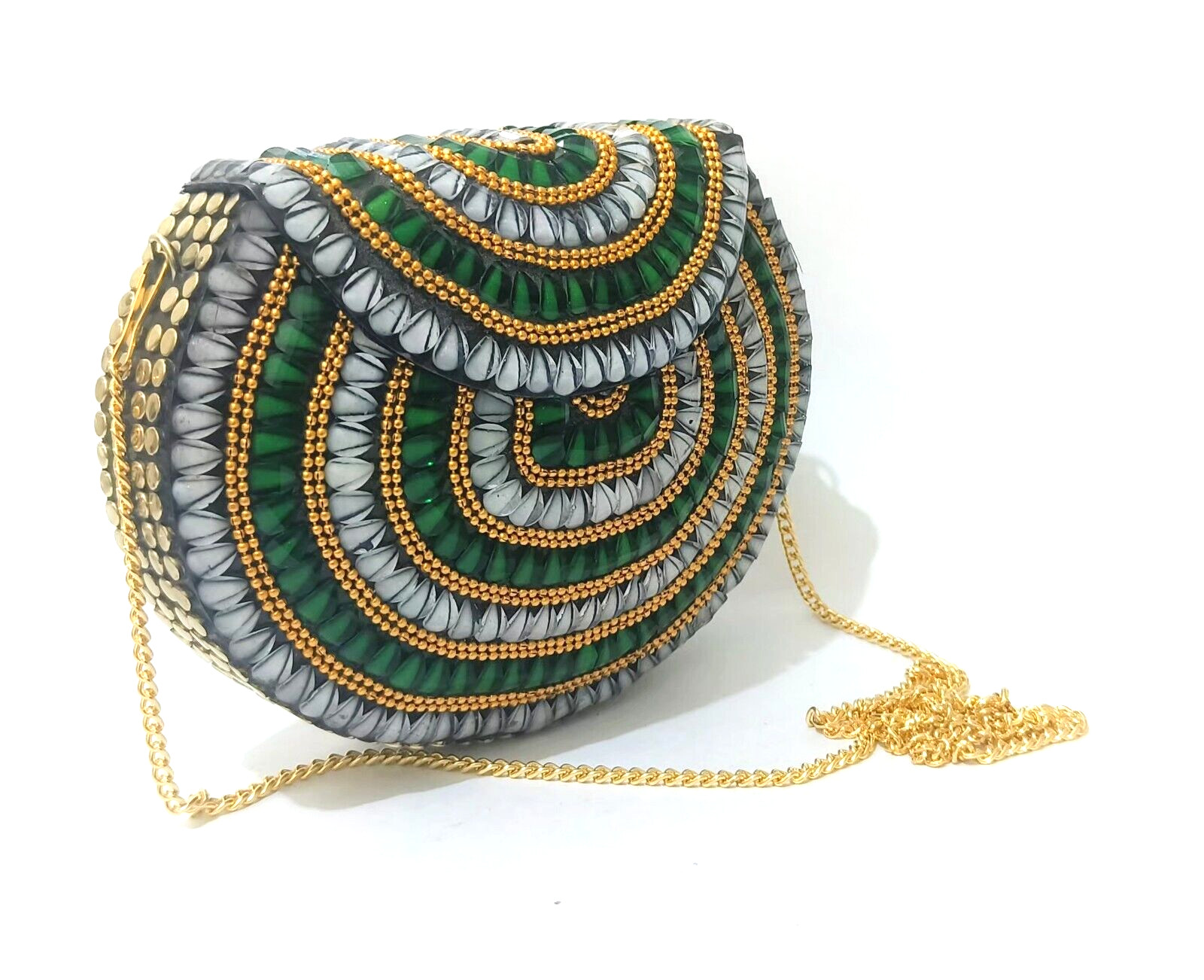 Bolso de mano de diseñador de boda de metal mosaico de color dorado verde