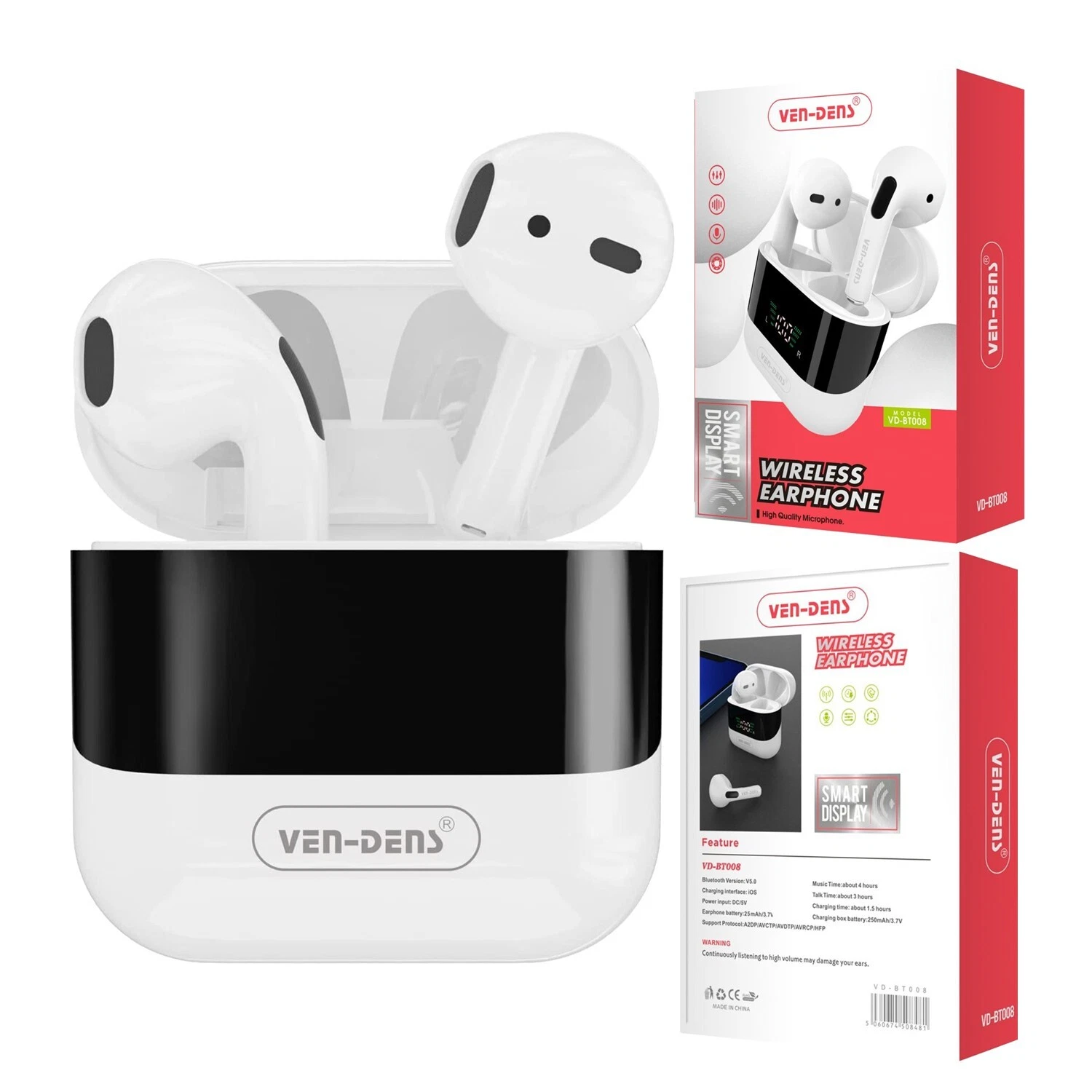 Ven-Dens Wireless Bluetooth Earphone With Smart Display Charging Case VD-BT008