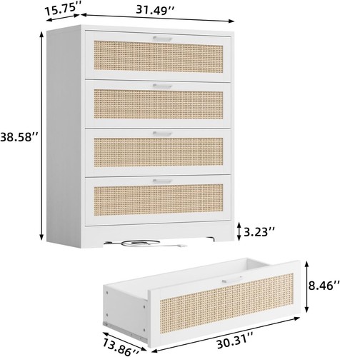4 Drawer Dresser Modern Wood Rattan Tall Dresser Organizer with Power Outlets - Picture 7 of 14