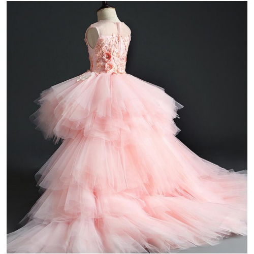 Girl Wedding Party Flower Girl Dresses Pink Tulle Trailing Princess Gown Floral - Picture 4 of 20