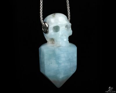 Aquamarine Carved Crystal Skull Pendant With 925 Sterling