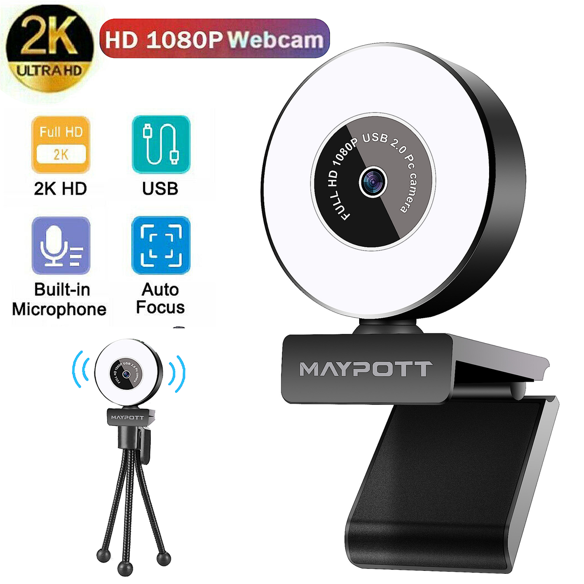 2K HD 1080P Webcam Web Camera w/ Adjustable Ring Light+Tripod
