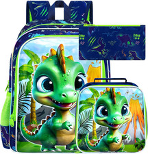 3PCS Dinosaur Backpack for Boys, Water Resistant Kids Bookbag Set with Lunch Box