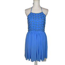 Alice + Olivia Blue Sequined Beaded Halter Cocktail Dress Size L open back