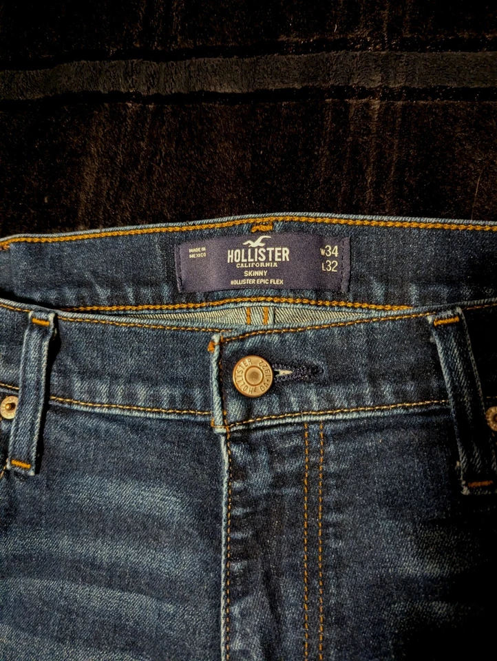 Hollister Epic Flex 蓝色牛仔裤,男式 34x32,紧身版型,深色水洗,经典 — 第 3/4 张图片