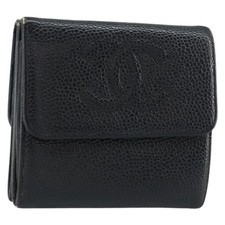 CHANEL Wallet Grained Calf Skin Black Gold CC Auth fm4996