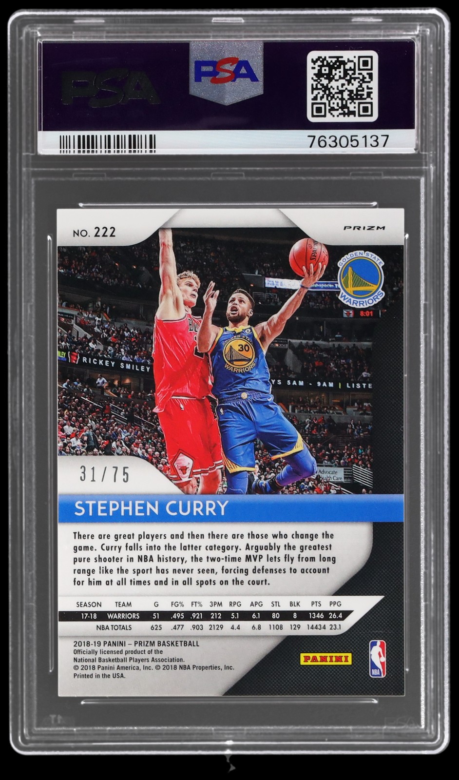 2018-19 Panini Prizm Stephen Curry #222 PSA 9 Purple Prizm 31/75 Basketball Mint view 2
