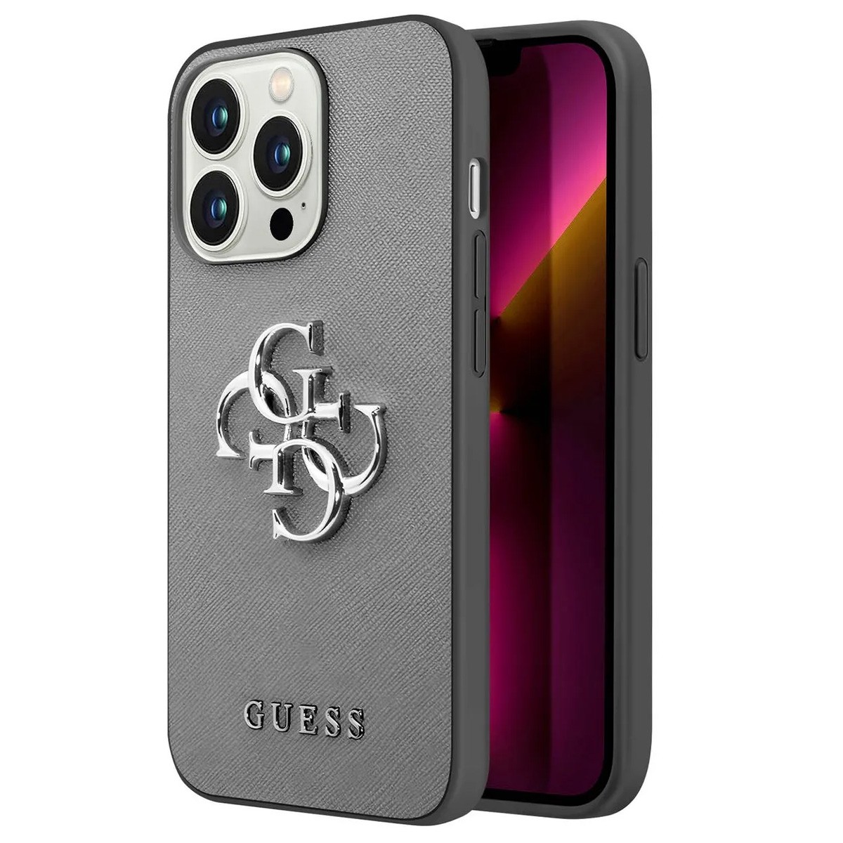 Coque Guess iPhone 13 Pro antichoc grise motif 4G Saffiano PU