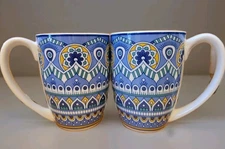 Lot of 2 Vancasso Mandala Porcelain Coffee/Tea Mugs Blue & Yellow