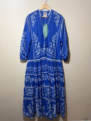 Farm Rio Tropical Cross Stitch Blue Tiered Maxi Dress Size XSmall Oversized