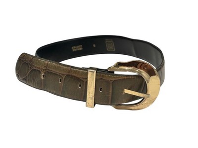 Amanda Smith Genuine Leather Croc Embossed Belt Brown Gold Buckle S