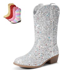 DREAM PAIRS Girls Cowgirl Boots Glitter Western Boots Mid Calf Low Heel Zip Up