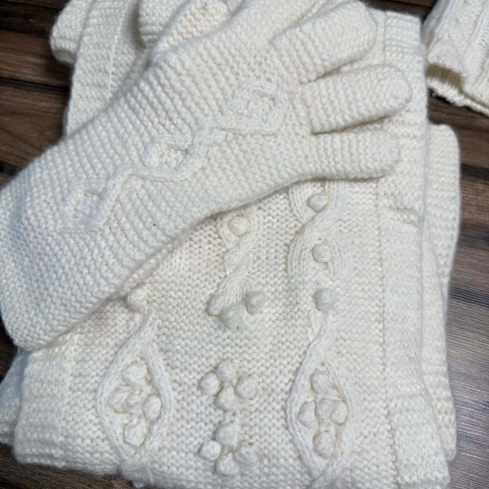 Blanco + Warren 100% Cachemira Invierno Tejido Conjunto Sombrero Bufanda Guantes Marfil Cable Tejido Foto 2 de 4