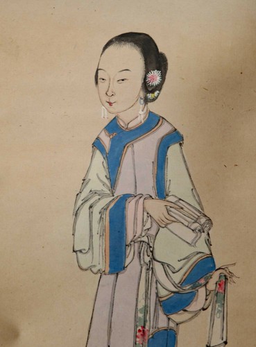 Asiatika Rollbild sehr alt antik Portrait Frau Aquarell China scroll painting 1 - Bild 3 von 4