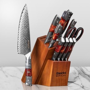 12-Piece Ensemble de blocs de couteaux Inferuno – Prime AUS-10 Acier de Damas, résine rouge