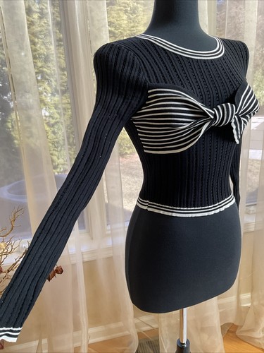 Muy Muy Women’s black Longsleeve Striped Bow Top Size M - Picture 3 of 6