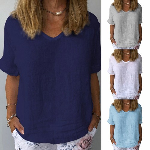Haut Femme Manches Courtes Coton/lin - Décontracté, Grande Taille, Avec Poche - Pour Bureau, été, Occasions Casual