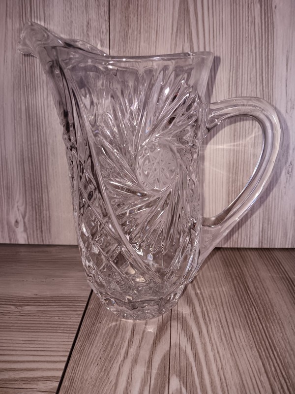 Vintage American Brilliant MCM Pinwheel Lead Crystal Cut Star Pattern Pitcher 