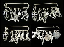 HOCKEY & SKATING Brooches w/3D Roller & Ice Skates, Mask, Whistle, Skater Charms