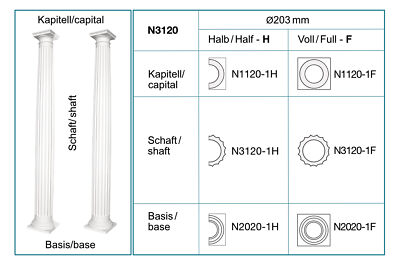 HEXIM Dekosäule Halbsäule Stucksäule Fassadensäule Kapitell Säulenfuß weiß N3120