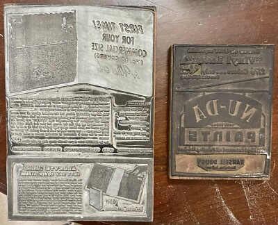 Vintage printing block advertisements Nu-Da Paints, Allsyte stamp albums