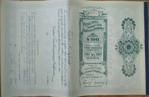 Yosemite Short Line Railway Co. 1905 Vertical Railroad Gold Bond Zertifikat - Bild 3 von 4
