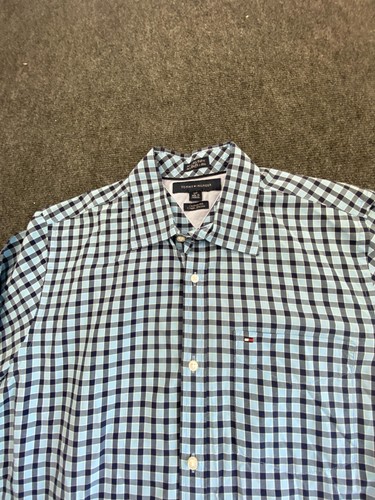 Tommy Hilfiger Shirt Mens SMALL blue Business button up modern plaid Size S - Picture 3 of 14