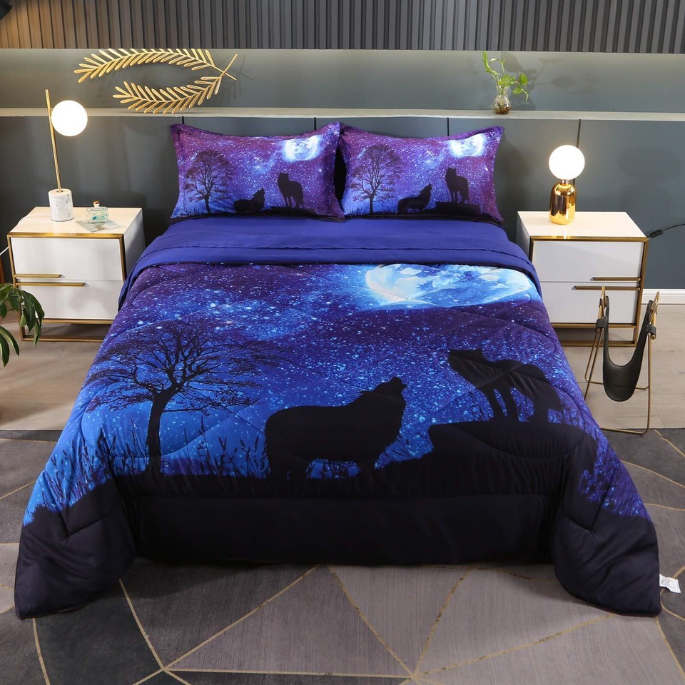 Wolf Comforter Set Queen Galaxy Wolf Bed Set 5 Piece Blue Kids