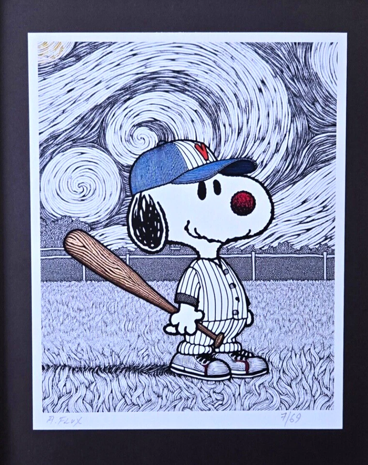 AIDAN FLUX | Estampado Auténtico Firmado a Mano Enmarcado Snoopy Jugando Béisbol | Certificado de Autenticidad Foto 2 de 4