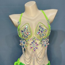 Samba Carnival Rave EDC Party Festival Stones Belly Dance Wire Bra Lime Green