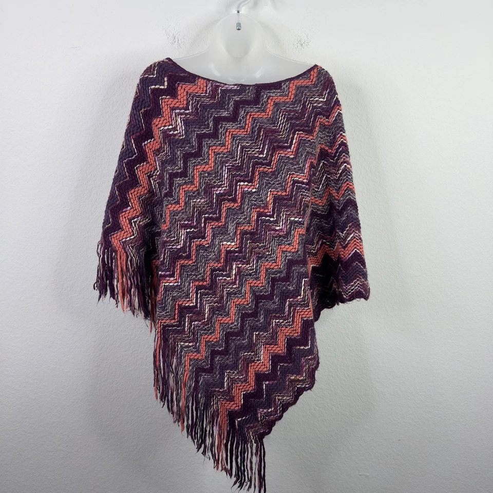 Poncho Missoni OS Púrpura Coral Zigzag Chevron Flecos Tejido Hecho en Italia Boho Hippie Foto 2 de 4