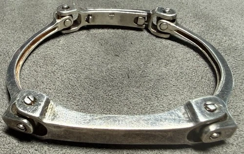 Sterling Silver Chain Biker Modern Buckle Abstract Heavy Bracelet 7” Handmade