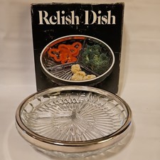 Vtg Leonard Crystal Divided Relish Dish SilverPlated Rim 9" Diameter Server
