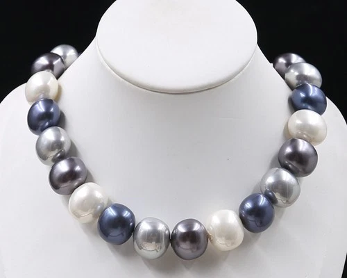 LARGE FASHION 19 MM SOUTH SEA WHITE GREY BLUE BAROQUE SHELL PEARL NECKLACE 18 " - Picture 2 of 9