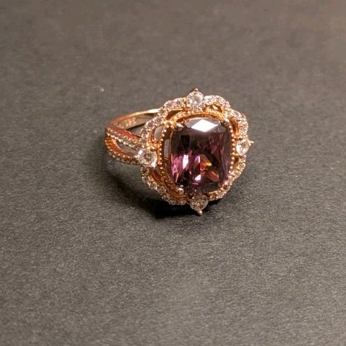 JTV Ornate Violet Gemstone Emerald Cut Rose Gold Band Ring