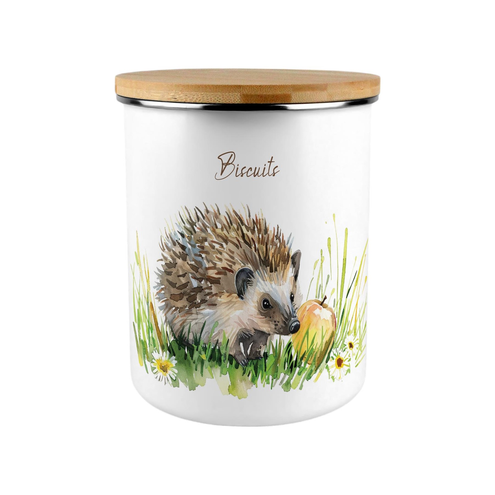 Extra Large Enamel Biscuit Canister - Hedgehog & Apple Kitchen Food Storage Gift