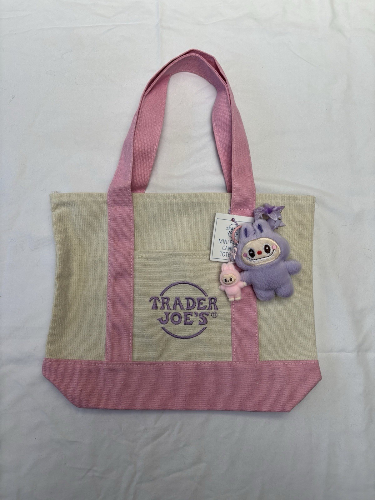 Trader Joes Mini Pink Pastel Canvas Tote Bag Limited Edition Embroidered New