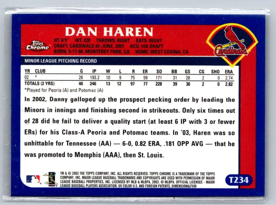 2003 Topps Traded & Rookies #T234 Dan Haren Chrome ROOKIE - Image 2 of 2