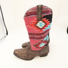 Roper Womens 7.5 Brown Distressed Leather Sioux Aztec Southwestern Textile Boots