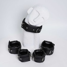 PU Leather Neck Collar Handcuffs Ankle Cuffs Chain Set BDSM Bondage Roleplay USA