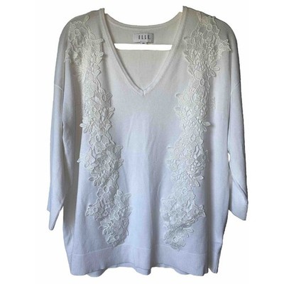 ELLE women s XXL white top V-neck lace front embellishment 3/4 sleeve lt wt knit