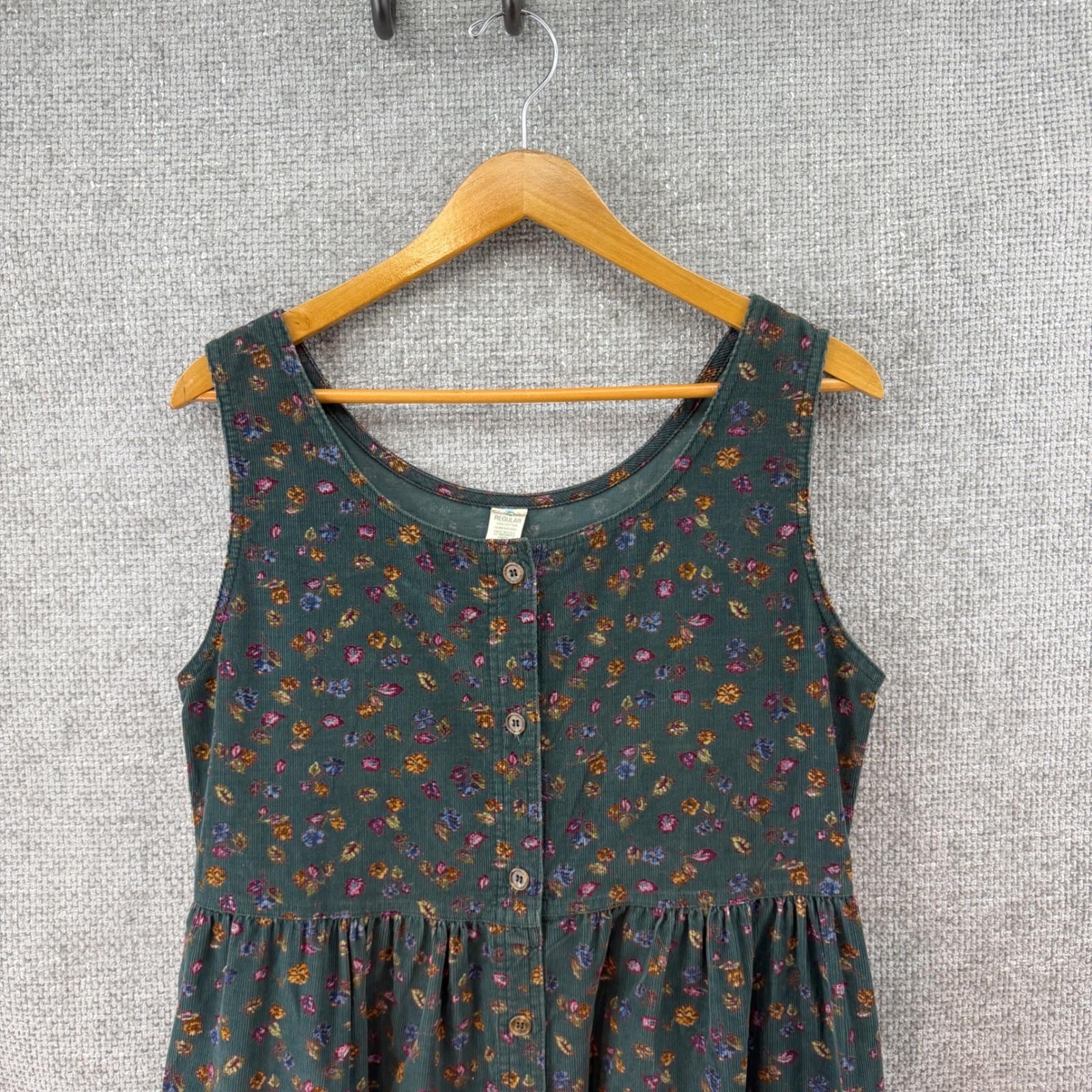Vintage LL Bean Corduroy Dress Women's L Green Floral Button Front Midi Pockets
